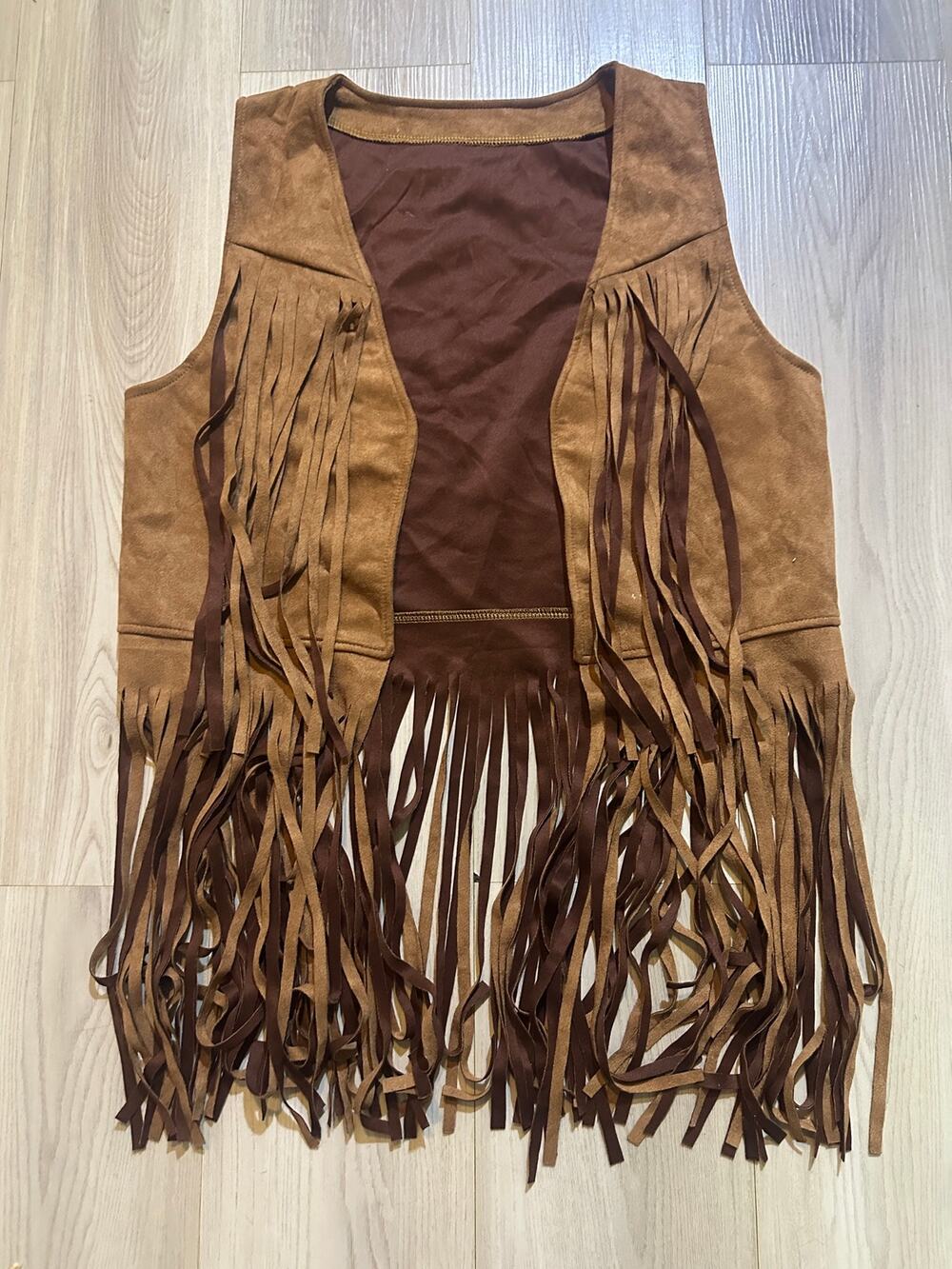 Faux Suede Fringed Western Vest Brown Open Front Hippie Cowgirl Costume